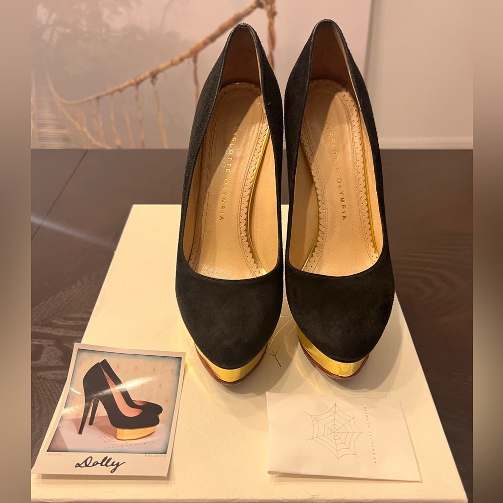 Charlotte Olympia Dolly Black Suede Gold Platform Heels 39
